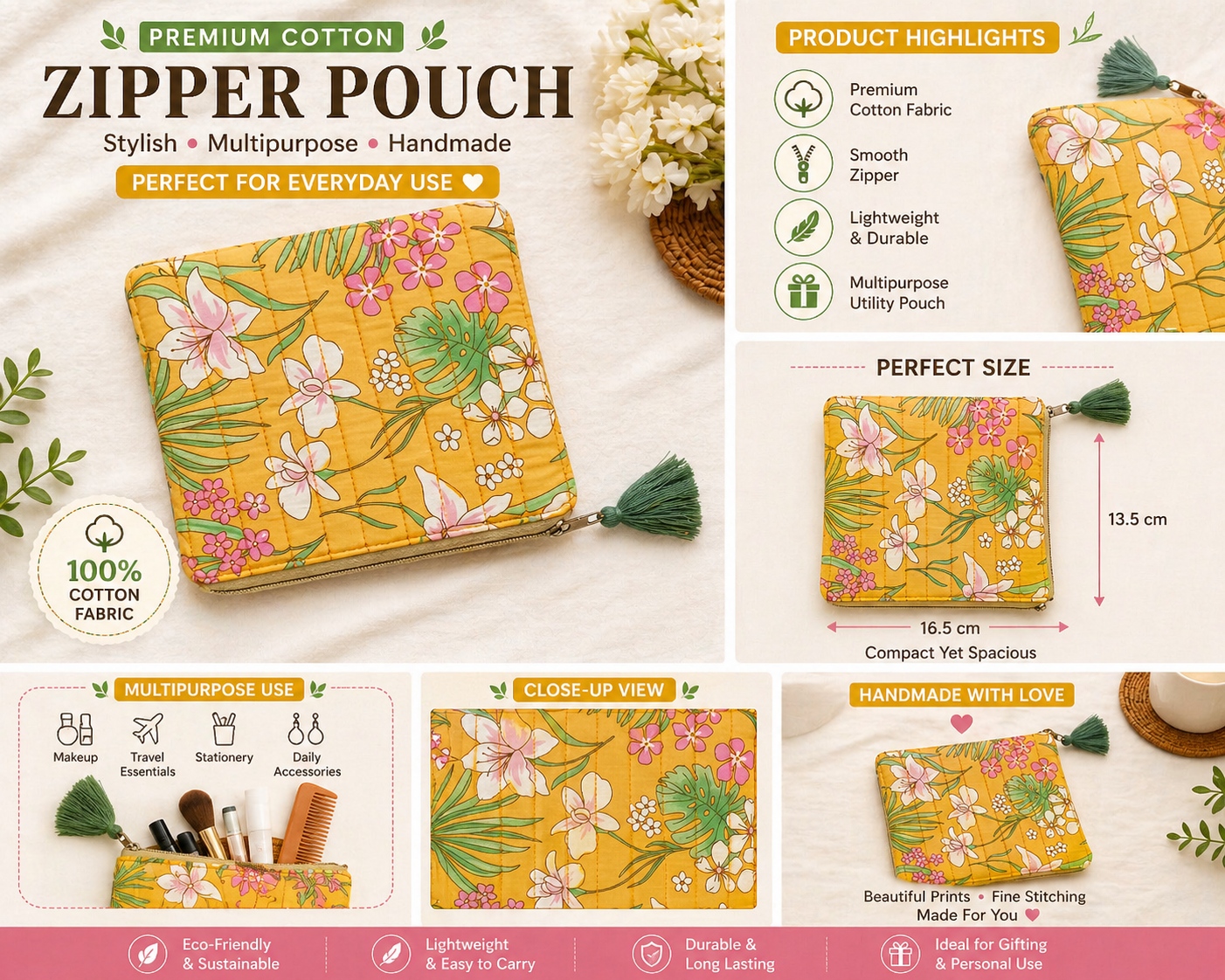 Sunny Bloom Floral Cotton Pouch – Handcrafted Multipurpose Zip Pouch