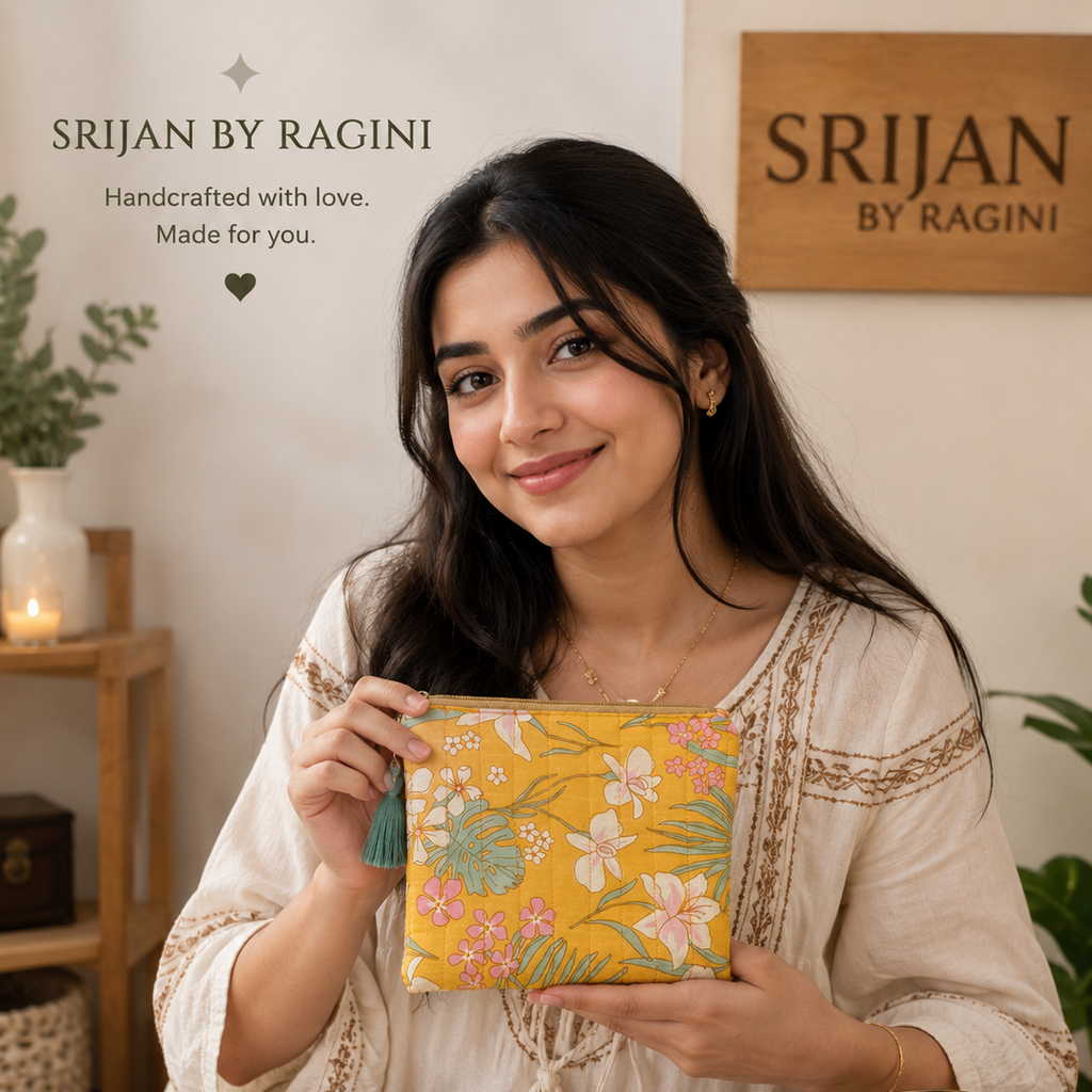Sunny Bloom Floral Cotton Pouch – Handcrafted Multipurpose Zip Pouch