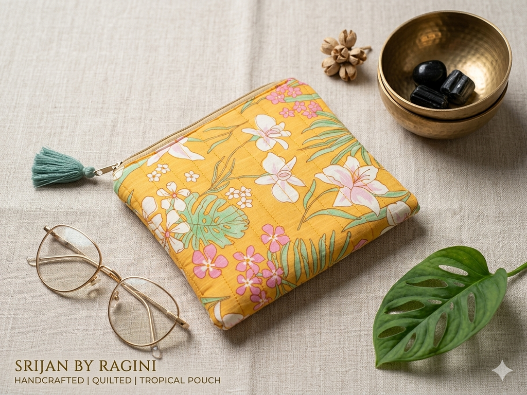 Sunny Bloom Floral Cotton Pouch – Handcrafted Multipurpose Zip Pouch